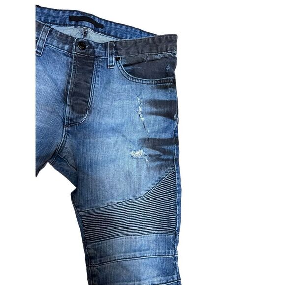 Rogue 31 mens moto biker grunge style button fly jeans denim black patch - Picture 3 of 7